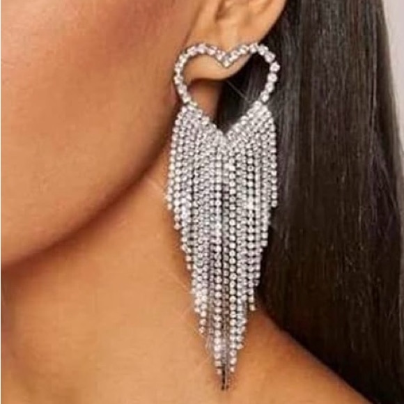 Unsigned Silver-tone Heart Fringe Tassel Bling Rhinestones Drop Earrings 25g. - Picture 3 of 13